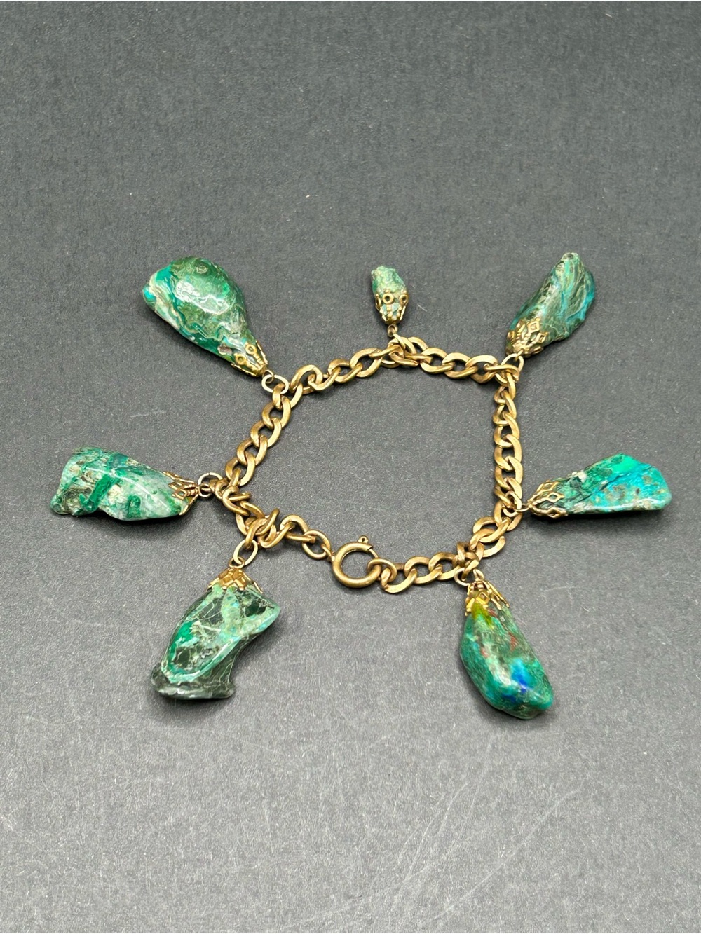 VTG Azurite Malachite Antiqued Gold Chain Brass Charm Bracelet‎